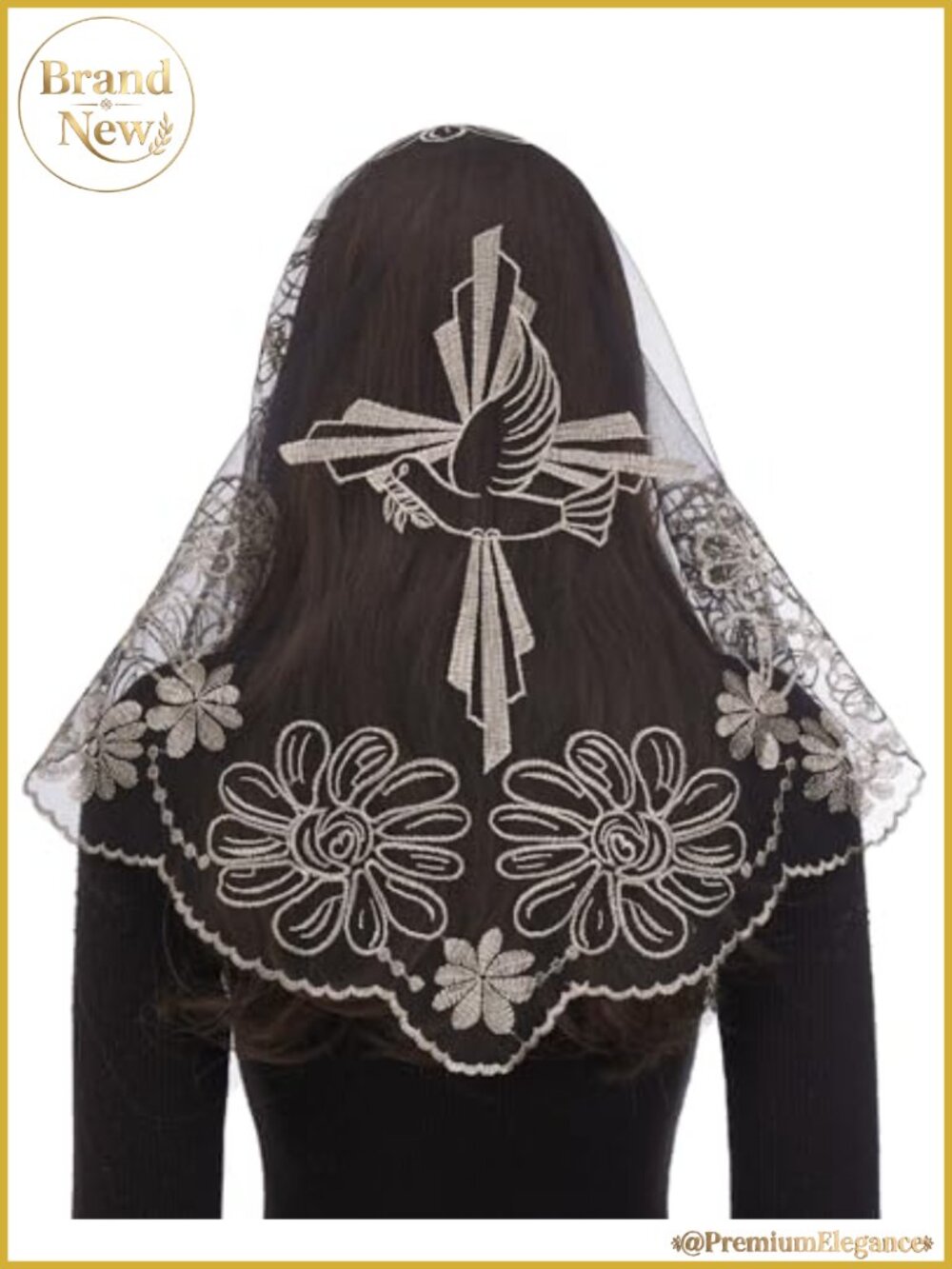 Catholic Lace Mantilla Chapel Veil for Women with Cross Dove Embroidery,